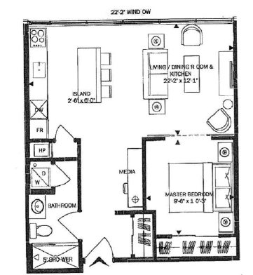Floor plan for 1 bed, 1 bath